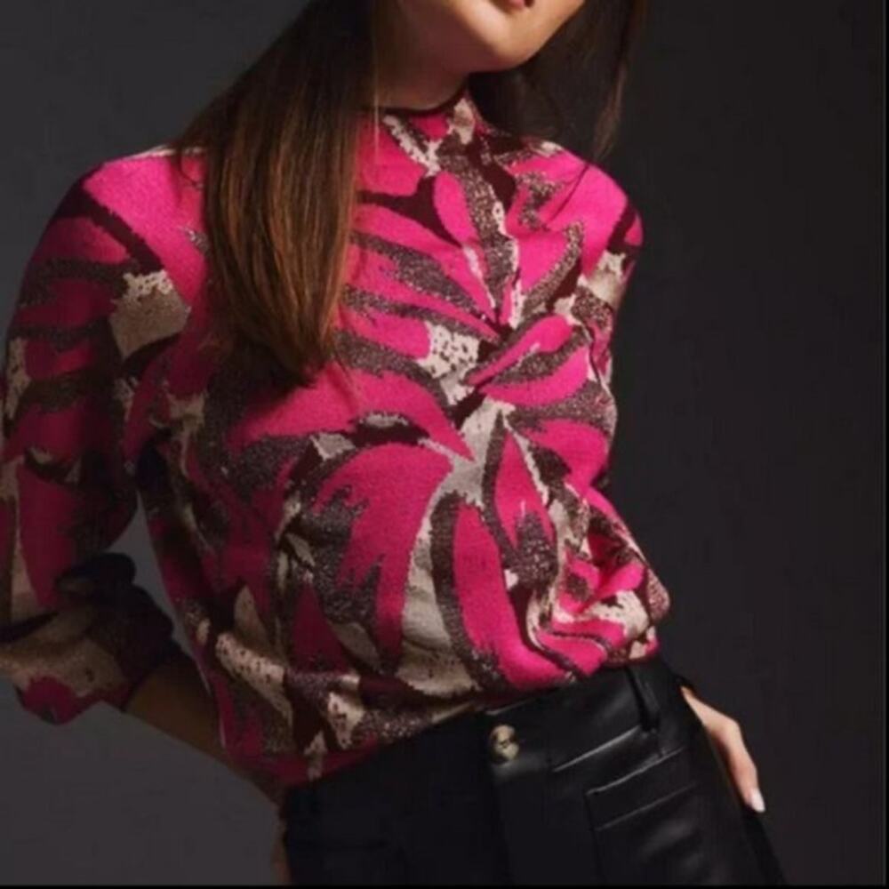 Anthropologie Beatriz Pink Mock Neck Shimmer Ballon Sleeve Sweater Size Large